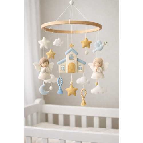 Baby Mobile with Angels & Church • Felt Crib Mobile • Blue Christian Nursery Decor • Baptism Gift • Custom Name • Baby Shower Gift