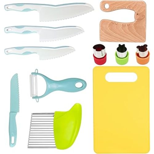 11 Pieces Wooden Kids Kitchen Knife, Blue Kids Knife Set Include Wood Kids Knife, Serrated Edges Plastic Toddler Knife, Crinkle Cutter, Sandwich Cutter, Y Peeler, Cutting Board