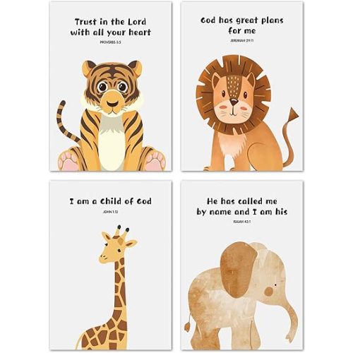 MVZX Christian Room Wall Decor, Inspirational Animals Wall Art Print, Bible Verses Posters Decor, Safari Themed Posters Gifts For Kids, Boys Bedroom Playroom Nursery Decoration-4Pcs (8x10 in) -A05
