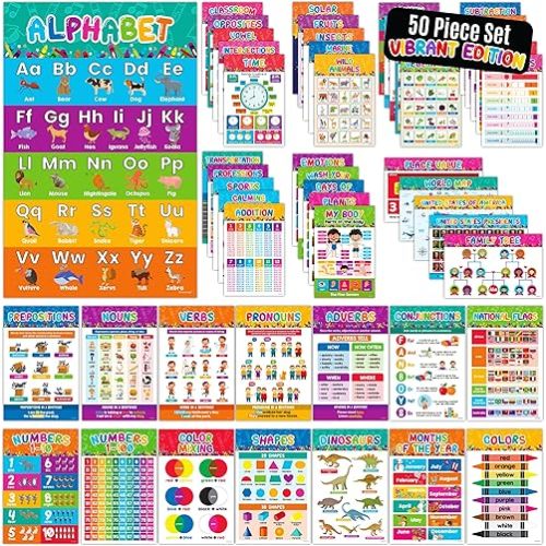 Decorably 50 Pack Vibrant Kindergarten Preschool Learning Posters for Toddlers 1-3, 11x17in Educational & Comprehensive Set, Matte-Laminated Classroom Decor for School Hallways, Bulletin Boards, Home Study Room