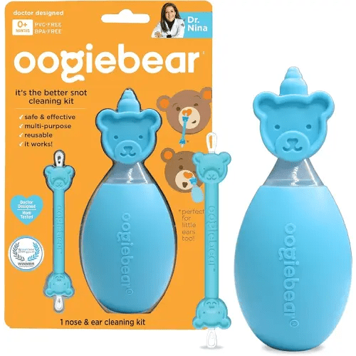 oogiebear Bear Pair — The Safe Baby Booger Cleaner and Nose Sucker Duo | Bulb Aspirator and 2-in-1 Nose and Ear Wax Cleaner | Latex and BPA Free - Blue