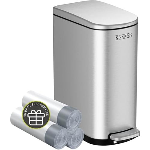 KSSKSS 2.6 Gallon Slim Bathroom Trash Can with Soft Close Lid, 10L Stainless Steel Garbage Can with Removable Liner Bucket, for Narrow Spaces,Bathroom, Bedroom (Silver)