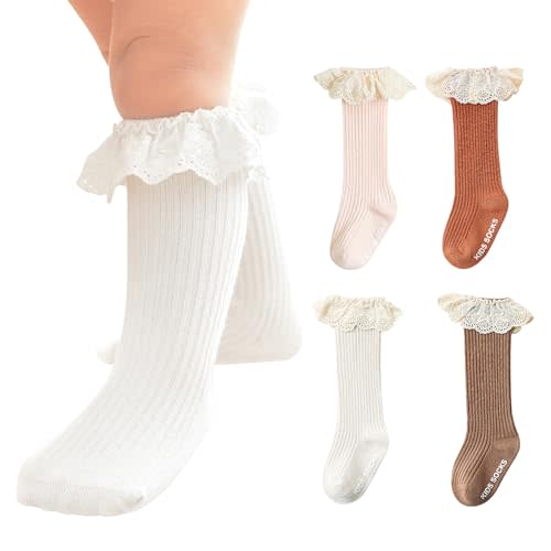 HOUSEYUAN Infant Frilly Baby Girls Knee High Socks Newborn Thigh Lace Ruffle Long Socks Toddler Tights Stockings 6-12 Months
