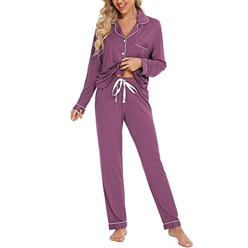 Anjue Long Sleeve Button Up Pajamas Lounge Set for Women S-XXL | V neck,Pyjamas,Modal,Post partum,Pijamas de mujer,Bridal party,Viscose,Knit,Cute,Lounge,Lightweight,Nursing,Holidays
