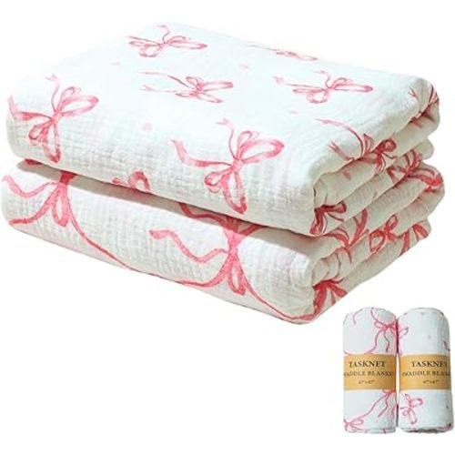 2 Pack Muslin Swaddle Blankets for Baby Boys Girls,100% Cotton Large 47"x47" Newborn Receiving Blanket, Soft Breathable Skin-Friendly Swaddle Wrap, Pink Bow Baby Swaddling Blanket for Infant