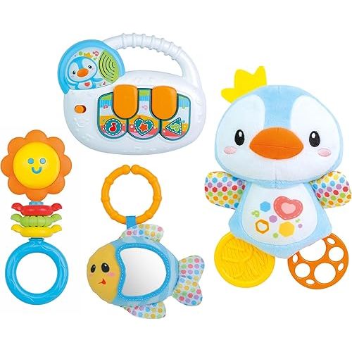 Winfun Newborn Baby Gift Set – Musical Keyboard with Lights & Melodies, Penguin, Fish & Blossom Rattles – Sensory Development & Early Learning Toy for Newborns & Infants, Gender Neutral with Batteries