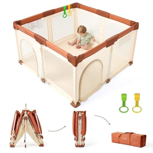Tinyiota Foldable Baby Playpen, 50x50 Inch Portable Play Yard for Babies and Toddlers with Soft Breathable Mesh, Storage Bag & 2 Pull-Toy Handles for Indoor & Outdoor (Brown, 50x50)