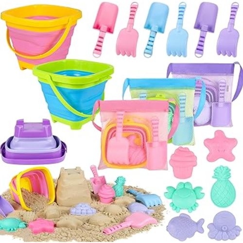 TSDATOWR Collapsible Beach Toys, 3 Sand Buckets Set for 3 Kids