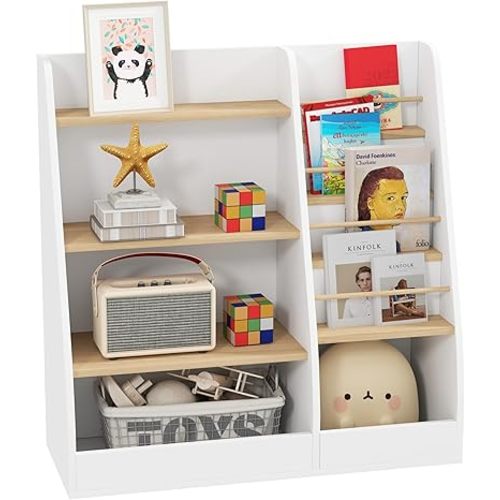 Qaba Kids Bookshelf and Toy Storage Organizer, 4 Tier Bookshelf for Kids with 4 Layer Book Rack and Storage Grid, for Living Room, Kids Room, Playroom, Bedroom, Nursery, Study, Library, Classroom