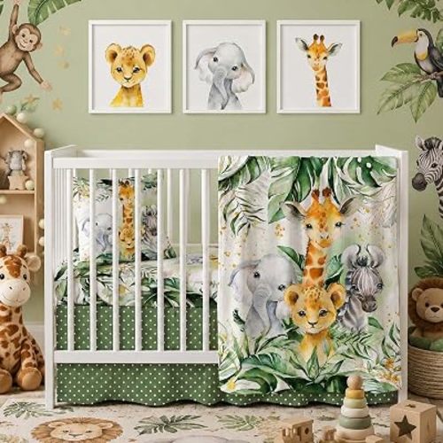 5 Pcs Baby Crib Bedding Set, Safari Jungle Animals Nursery Baby Crib Set Includes Blanket, Fitted Crib Sheet & Bed Skirt, Pillow Case, Wall Art Print, for Standard Crib & Toddler Boy Girl