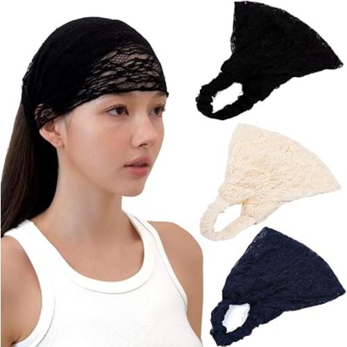 LONEEDY 3 Pack Soft Lace Wide Headbands for Women,2 Ways Bandana Hairband for Girls Daily Hair Accessories (Black+Beige+Blue, One Size)