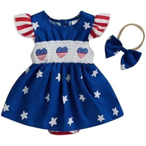 4th of July Outfit Baby Girl Romper Dress My First 4th of July Fly Sleeve Smocked Dress Newborn Cute Summer Clothes