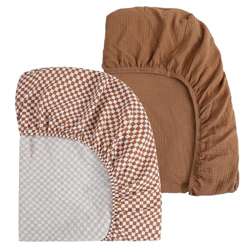 Onacosht Muslin Mini Crib Sheets, 39" x 27" Pack and Play Mattress Sheets Fitted for Pack N Play, Soft Cotton for Boys Girls, 2 Pack, Checker and Brown