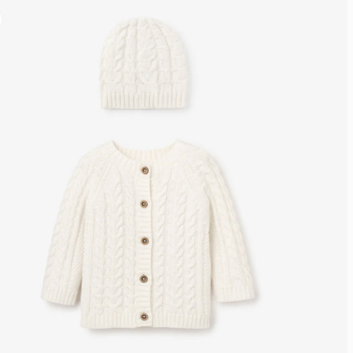 Whisper White Horseshoe Cable Knit Cardigan & Hat Baby Boxed Gift Set WHITE / 6-9M