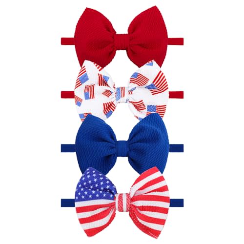 4th of July Baby Headband Set - Patriotic Hair Bows and Nylon Headband for Newborns and Toddler Girls - 4Pcs Red American Flag Design