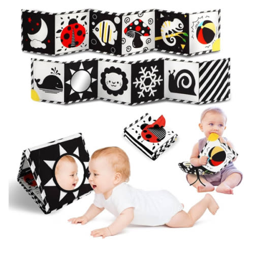 Tummy Time Toys, High Contrast Baby Book with Mirror & Teether, Black and White Infant Books, 0-6-12 Months Soft Book for Newborn, Sensory Books, Tummy Time Car Seat Toys 0-6 Month Boy Girl Gift