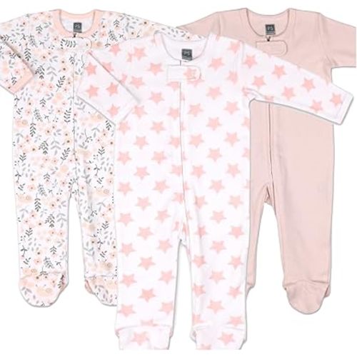 The Peanutshell Baby Sleepers for Girls Set of 3 - Soft Cotton Footed Pajamas for Newborns, Infants & Toddlers - Flower