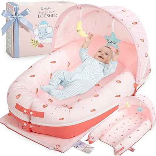 JollyBoo® Deluxe Infant Lounger Pillow - Baby Lounger 0-24 Months | Bamboo-Cotton Portable Baby Nest with Foldable Sunshade & 2 Plush Toys | Soft, Breathable Mesh for Cool, Safe Rest (Strawberry)