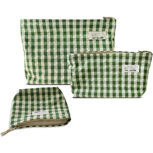 HAPPYHEIDI Nylon Checker Makeup Bag Set 3 with Compartment Cosmetic Toiletry Travel Pouch,Purse Accessory Organizer, 3-Size, Beige Green Plaid, Canvas Lined