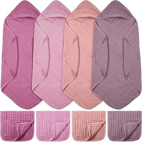 VitalCozy 8 Pcs Baby Muslin Hooded Bath Towels and Washcloths, 32 x 32 Inch Muslin Hooded Baby Towels Absorbent Blankets for Gift Newborn Infant Shower (Pink,Purple)
