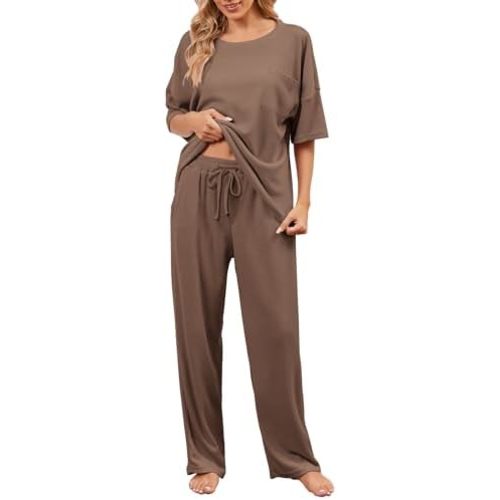 JiniGolla Womens Pajama Sets Waffle Knit Short Sleeve Shirt with Long Pajama Pants Soft Sleepwear Pj Lounge Sets