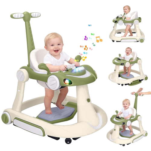 PRVAETU, 5 in 1 Baby Walker, Bean Green, Foldable with Music
