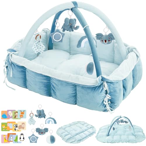5-in-1 Baby Play Gym and Tummy Time Mat, 12 Learning Cards, Plush Activity Mat with 6 Toys, Baby Gym, Convertible to Ball Pit, Baby Gift, Blue