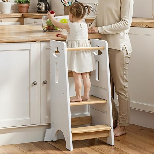 COSYLAND 3 Levels Adjustable Toddler Standing Tower - 33.5IN/85CM Stable Kids Kitchen Step Stool with Protective Crossbar - Wooden Toddler Kitchen Stool Helper(White & Natural)