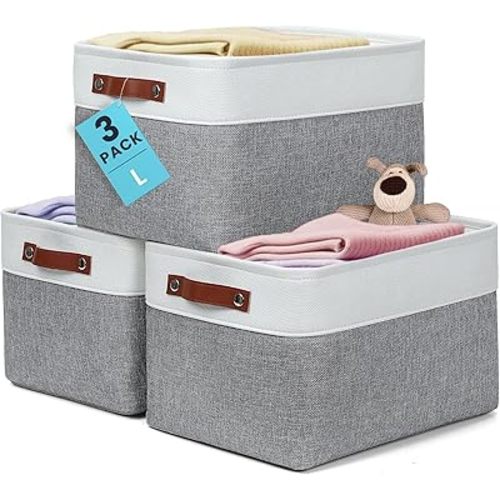 OrganiHaus Large Fabric Storage Baskets for Shelves 3 Pack, 15x11in Closet Storage Bins for Shelves, Canvas Baskets for Organizing, Linen Closet Organizers, Cloth Basket, Gray/Off-White