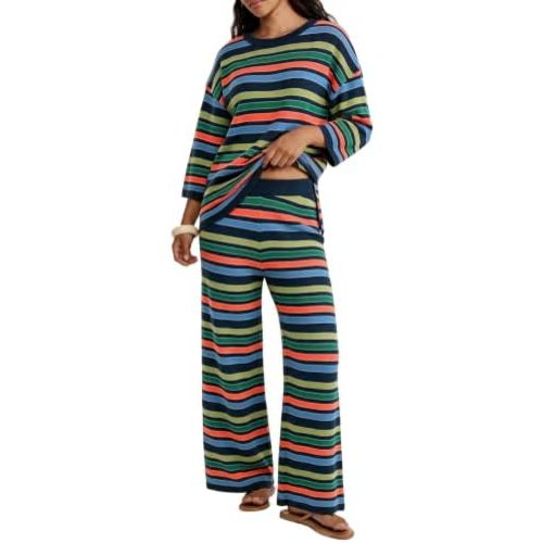 Tankaneo Womens Striped 2 Piece Sets Oversized Sweater and Wide Leg Pants