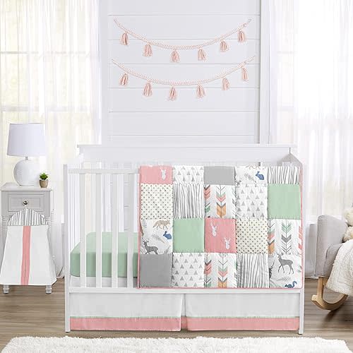 Sweet Jojo Designs Coral, Mint and Grey Woodsy Deer Girls Baby Bedding 4 Piece Crib Set