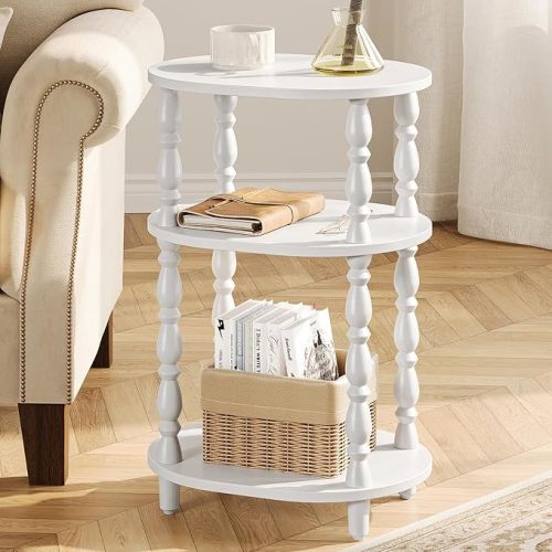 Yoobure 3-Tier Small Side Table - Oval End Table with Vintage Spindle Legs, Accent Night Stand with Storage Shelf for Narrow Spaces, Wood Nightstand Bedside Table for Living Room, Bedroom, White