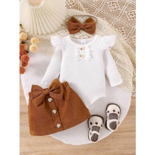 Baby Girl Solid Color Long Sleeve Button Decorated Bodysuit With Bowknot Decorated Skirt Set, Including Hair Tie | SHEIN USA