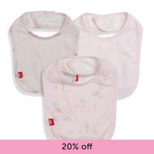 pink serene safari modal magnetic stay dry infant bib 3-pack
