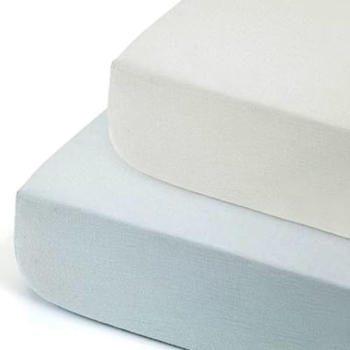 GRSSDER Soft Muslin Crib Sheet 2 Pack, 100% Cotton Crib Sheets for Boys and Girls, Fit Standard Crib Mattresses 52" x 28" Safe and Snug, Light gray/light blue