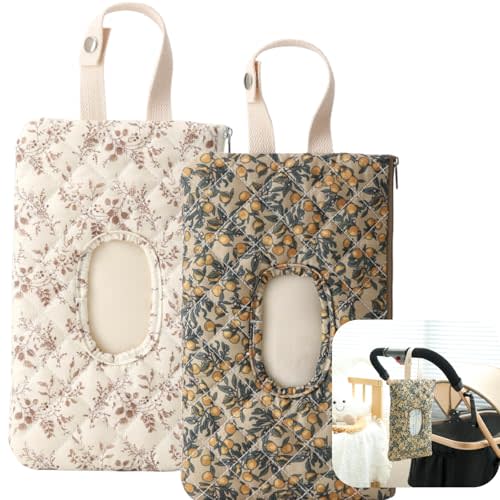 Baby Wipe Holder Diaper Caddy Pouch - Floral Quilted Portable Travel Organizer for Strollers, Diaper Bags & Daily Essentials | Compact Reusable Wipes Case (White + Brown)