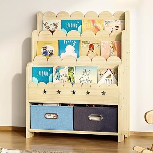 2-in-1 Kids Bookshelf with Toy Storage Drawers, Scalloped Montessori Bookcase Front Facing for Toddlers, Solid Wood Book Display & Organizer for Nursery, Playroom, Bedroom & Classroom
