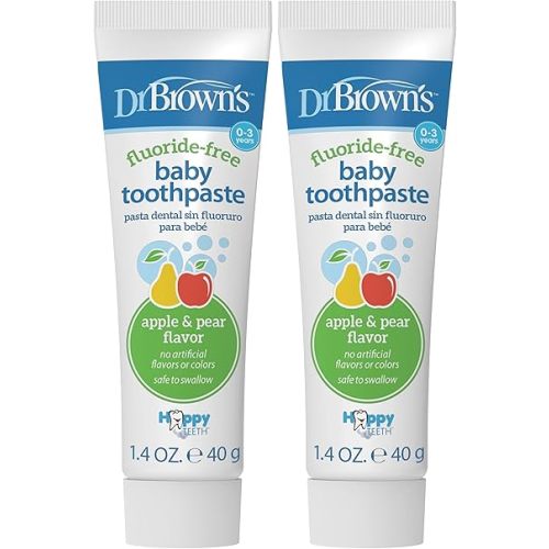 Dr. Brown's Fluoride-Free Baby Toothpaste, Infant and Toddler Oral Care, 1.4oz/40g, 0-3 Years, Apple Pear, 2-Pack