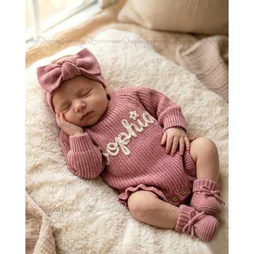 Personalized Embroidered Name Baby Knit Romper Set| Newborn Coming Home Outfit Girl | Embroidered Infant Clothes with Headband Booties