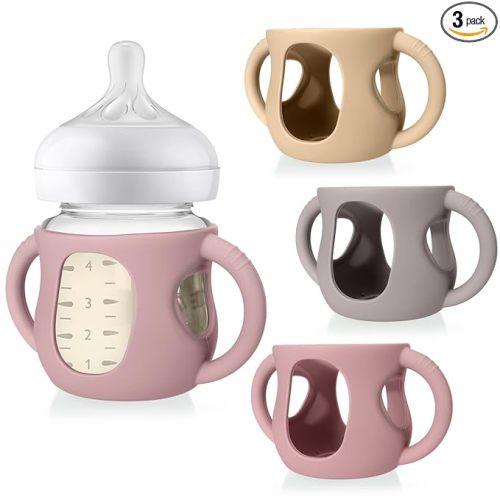 Juome Silicone Sleeves with Handles for Avent Natural Glass Baby Bottles - 3 Pack Anti Breakage Baby Bottle Holder for Philips Avent Glass Baby Bottle, Compatible with Phillips Avent Bottles 4oz