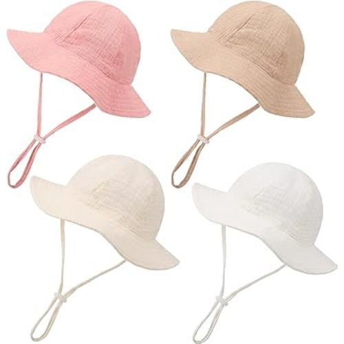 4 Pack Muslin Baby Sun Hat UPF 50+ Sun Protection Wide Brim Bucket Hat Summer Beach Hats for Toddler Infant Boys Girls