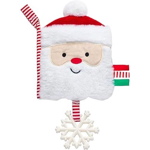 Soft Plush 5 inches Crinkle Activity Book with Teether, Satin Ribbons and Travel Strap, Santa Embroidery, Christmas Red