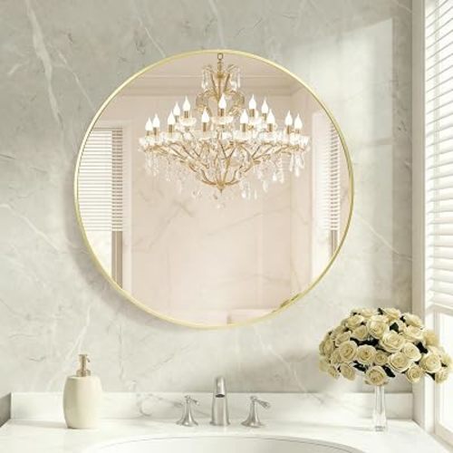 OLIXIS Bathroom Round Mirror for Over Sink, 28 in Wall Circle Mirror, Gold