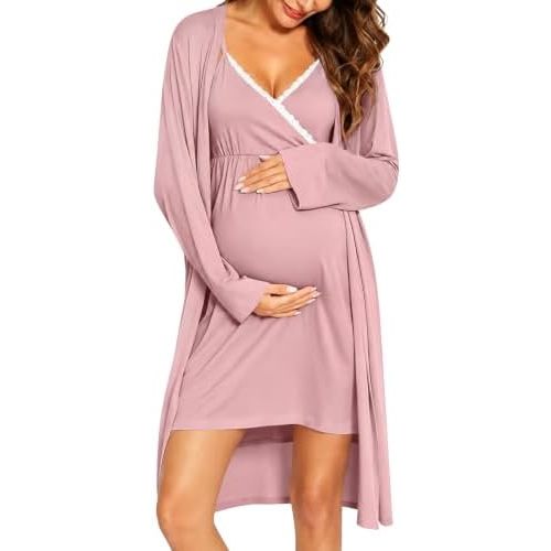 SWOMOG Womens Maternity Robe 2 Piece Nursing Nightgown for Breastfeeding 3 in 1 Labor Delivery Nursing Dress Lace Bathrobe