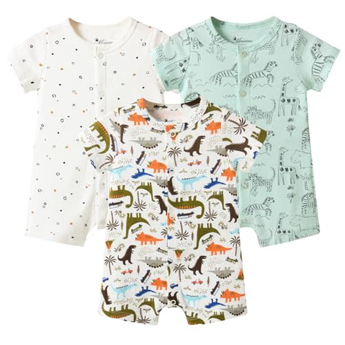 Minicoco Baby Boy 3-Pack 100% Cotton Short Sleeve Rompers-Breathable One-Piece Jumpsuits with Animal Themes for Spring/Summer