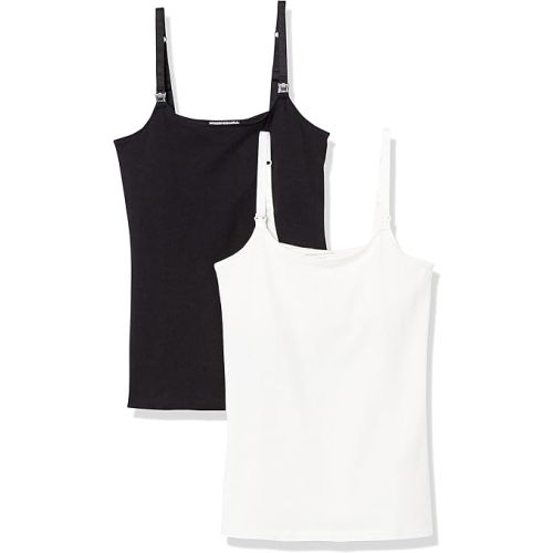 Amazon Essentials Women's Maternity Nursing Tops, Pregnancy Clothes with Adjustable Straps and Built-in Shelf Bra, Pack of 2, Black/White, Large
