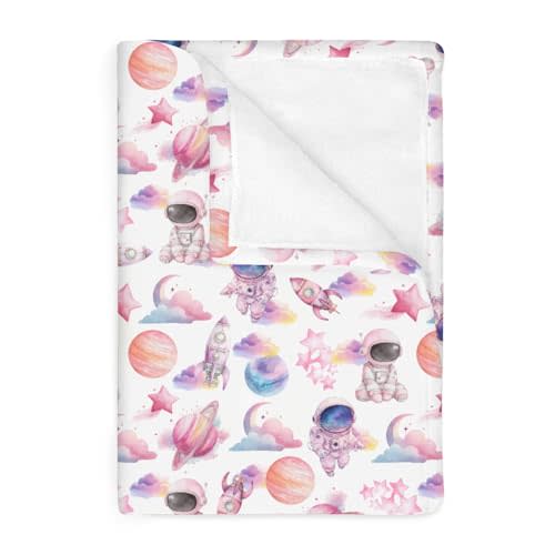 Watercolor Outer Space Baby Blankets for Boy Girl Cute Astronaut Rocket Planet Moon Soft Flannel Nursery Bed Blanket for Infant Toddler Crib Pastel Cosmos Swaddle Receiving Blanket Pink 30x40inch
