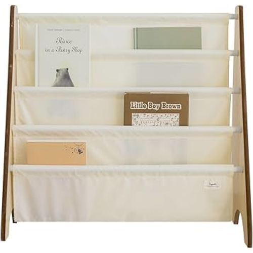 3 Sprouts Recycled Fabric Kids Bookshelf – 4-Tier Sling Book Rack Organizer - Nursery Room Playroom Classroom Wooden Book Shelves - Kid Bookcase Wood Storage Shelf for Toddler Age 3+ Cream