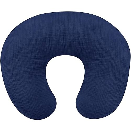 Muslin Nursing Pillow Cover, Cotton Breastfeeding Pillow Cover for Baby Girls Boys, Soft Breathable Nursing Pillowcase for Infant Newborn, Removable Slipcover for Nursing Pillows, Navy(Only Cover)