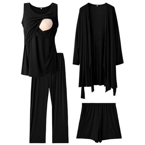 Rnxrbb 4 PCS Nursing Pajamas Robe Set Postpartum Pajama Gown Breastfeeding Pj for Hospital Labor Delivery